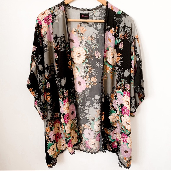 torrid Other - Torrid Black Purple Gray Orange Floral Kimono Robe